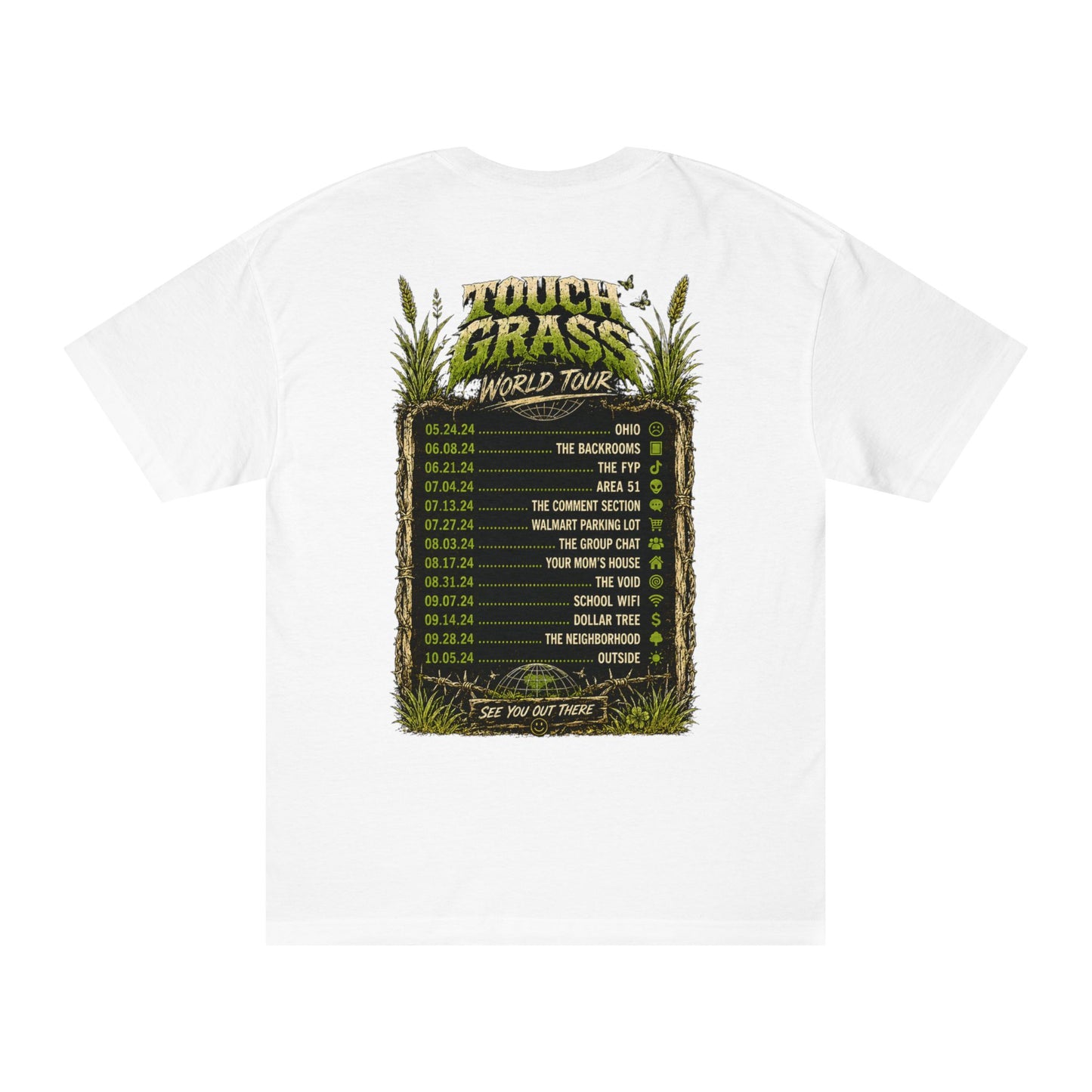 Touch Grass Tour T-Shirt — 'Touch Grass World Tour' Band Tee with Skull & Tour Dates